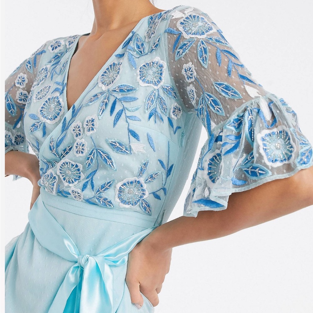 ASOS Frock and Frill embroidered blue wrap midi dress US 4